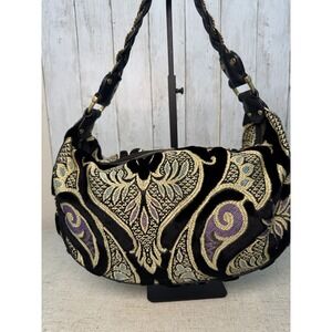VTG Y2K Maxx New York Tapestry Velvet Shoulder Bag Braided Leather Strap Boho